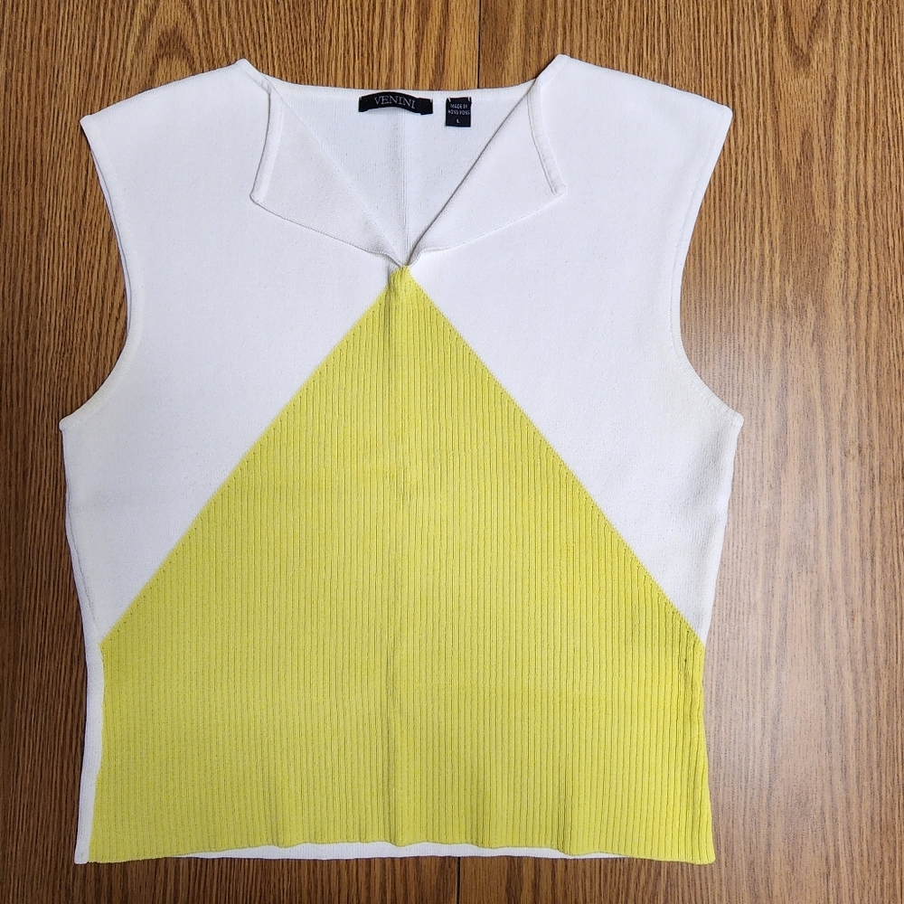 VENINI Sleeveless Pullover Knit Top White & Yellow Colorblock V-neck Womens Sz L